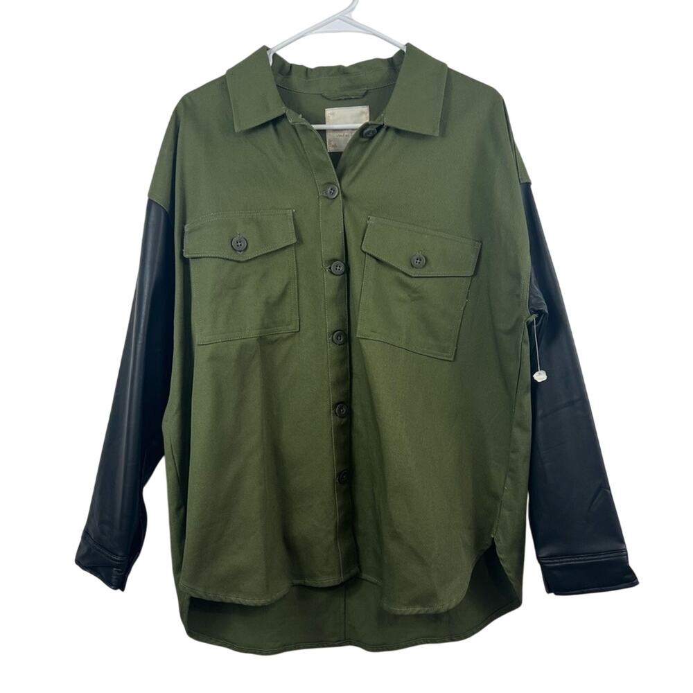 Gorpcore Shacket NWOT Altard State Green Black Faux Leather Sleeves Shirt Medium